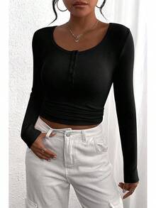 Women's 2025 Fall Long Sleeve Henley Shirts Button Ribbed Knit Casual Basic Tops Blouse - 黑色 - 查看 3