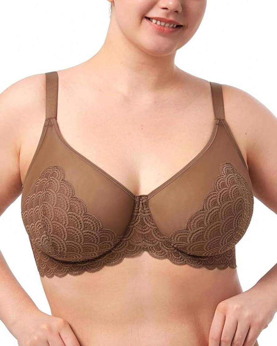 HSIA Minimizer Bras Women Large Bust Full Coverage Lace Plus Size Bra - Scales - Coffee Brown - View 1