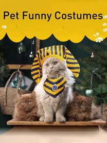 1 Bộ mũ yếm đan len hình Pharaoh Ai Cập ngộ nghĩnh cho mèo và chó, phụ kiện trang trí thú cưng cho Halloween - Màu vàng - Xem 2