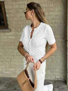 Nueva blusa de botones con cuello redondo de manga corta, ajuste slim. Cardigan de punto grueso, costilla, de estilo casual y elegante para primavera, verano y otoño