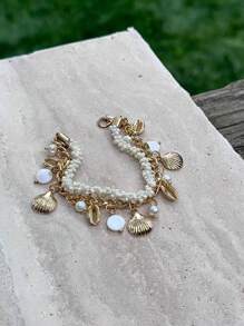 Bracelet de perles de coquillages, pendentif de coquille, de conque et de perle, bracelet de perles de paille, design créatif, style vacances, s'assortit bien avec des perles d'eau douce, convient pour un port quotidien