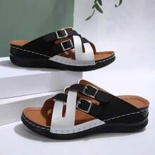 Women's Slip-On Wedge Sandals - Thick Platform Heels, Black And White Contrast, PVC Cushioning Sole - All-Season Indoor/Outdoor/Beach Shoes - Synthetic Leather Upper - Suitable For Everyday And Formal Occasions - Easy-To-Wear Design - Made In China, Thick Block Heel Sandals, Fashionable Shoes, Comfortable Fit, A Must-Have For Fashionable Women