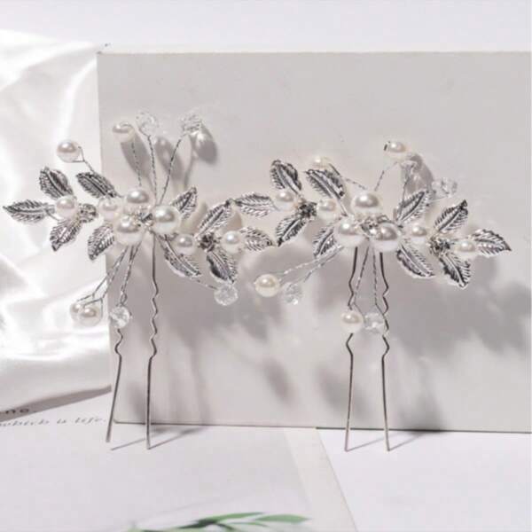 2pcs Bridal Bun Pins, Retro Silver Color Pearl & Crystal Hairpins, Handmade Updo Leaf Hair Accessories For Wedding, Combs, Side Comb