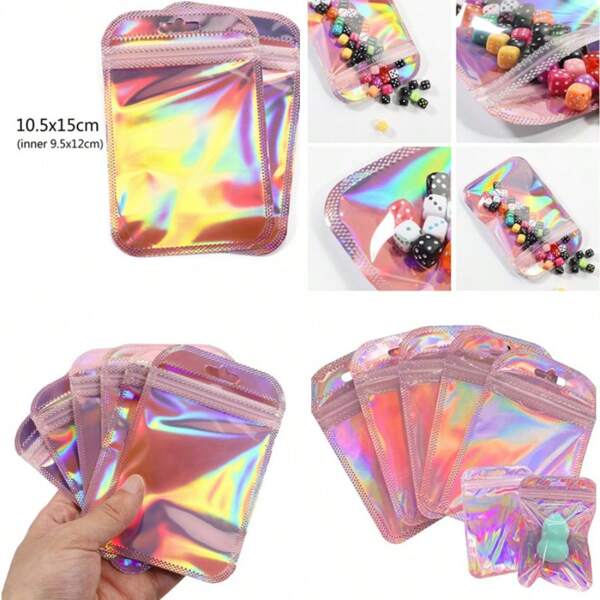 20pcs/50pcs Colorful Holographic Aluminum Foil Resealable Bags, Gradient Color Polyester Film Bags, OPP Plastic Bags, Translucent Pink Plastic Bags, Suitable For Jewelry Storage Accessories, Cosmetics, Party Gifts, Small Business Packaging Zipper Bags. Multi-Size Multi-Color, Durable, Odor Proof And Zipper Design.