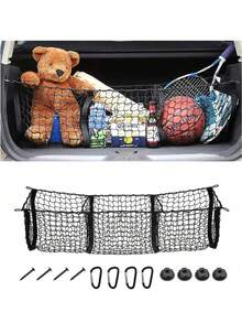 Automotive Rear Cargo Net, Pickup Truck Trunk 4-Grid Luggage Storage Bag, 3-Grid Cargo Net For Home Use, 3D Style Net Pouch, Suitable For Cars, Vehicles, SUVs, Pickups, Off-Road Vehicles - Black - View 2