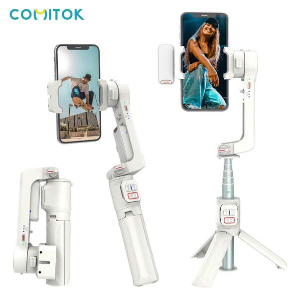 COMITOK Bâton de selfie stabilisateur anti-tremblement blanc COMITOK A10 avec éclairage de remplissage. Bâton extensible portatif pour la réalisation de vlogs et la prise de vidéos. Compatible avec les téléphones Android et Apple.