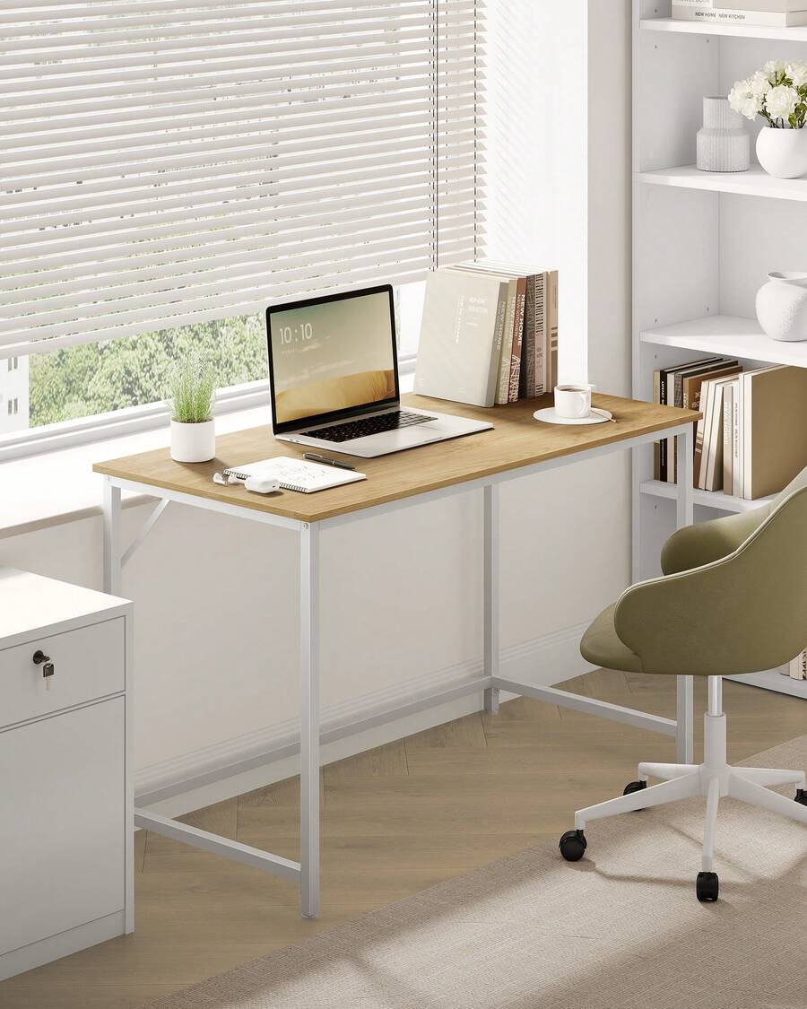Bureau d'Ordinateur, Table, 50 x 80 x 76/50 x 100 x 76/60 x 120 x 76 cm, pour Bureau, Chambre, Salon, Cadre en Métal, Couleur Chêne Naturel et Blanc Perle - Maple - Voir 1