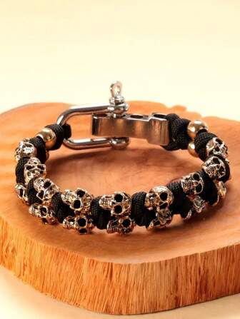 Gothic Skull Bracelet For Men Women Unisex - Adjustable Paracord Survival Bracelet With Skeleton Clasp, Punk Rock Biker Jewelry, Outdoor Tactical Wristband Gift For Him Her, Halloween Gothic Accessories