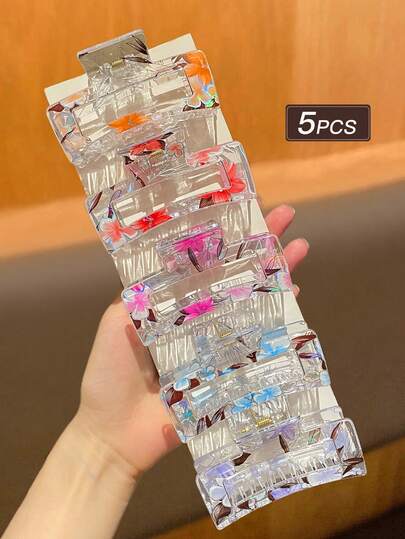 5 件女士时尚优雅彩色印花方形发夹，适合日常发型设计，推荐发饰礼物美容爪夹秋冬度假装女士