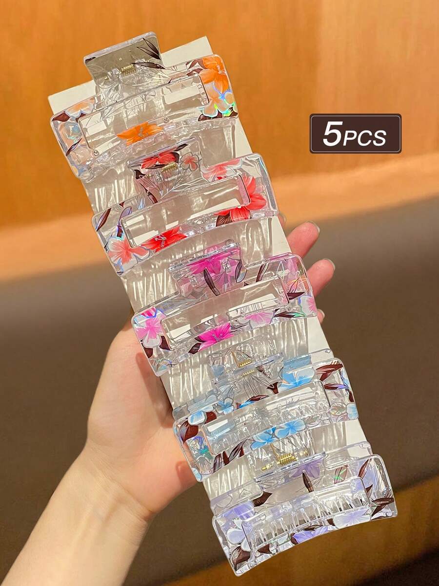 5 件女士时尚优雅彩色印花方形发夹,适合日常发型设计,推荐发饰礼物美容爪夹秋冬度假装女士 - 彩色 - 查看 1