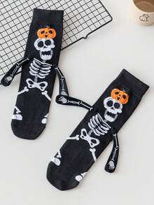 1/2双万圣节创意手拿袜男女同款情侣袜南瓜骷髅图案小手骷髅人欧美ins风中筒袜圆筒袜南瓜袜古灵精怪袜子新奇袜子搞怪袜子适合日常节日礼物 - 彩色 - 查看 10