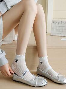 5 pares de calcetines de algodón fino hasta la rodilla para mujer con diseño de lazo, para primavera y verano