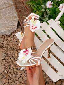 Giày cao gót hở mũi màu trắng thanh lịch, thoải mái, dự tiệc, thời trang, đa năng, giày sandal đế cao bất đối xứng họa tiết bướm hoa lan - trắng - Xem 2