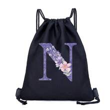Drawstring Bag School Backpack Sport Bag Women's Fashion Shoulder Backpacks Canvas Shopping Bag Organizer For Travel Cycling Hiking Woman Large Capacity Storage Shopper Bags Initial Name A To Z Letter Print - Black - View 18