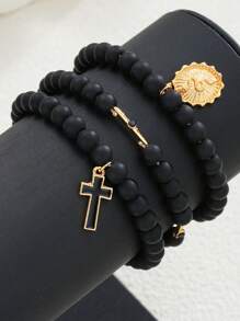 2pcs/4pcs/6pcs Classic Men's Beaded Cross Pendant Bracelet Set, Casual Daily Wear, Gift For Boyfriend, Husband, Father, Son