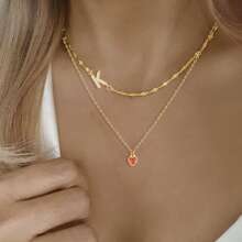 Set de 2 collares de mujer con cadena dorada de acero inoxidable, con colgante de corazón de cristal artificial pavé de circonita y diseño con inicial