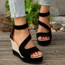 Sandalias de cuña para mujer con plataforma gruesa, tela de ante, impermeables, zapatos de tacón alto hueco, elegantes - Negro - Ver 2
