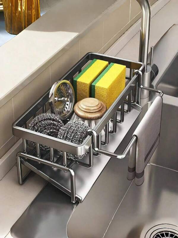 1 Multi-Functional Sink Drain Rack Dishwashing Liquid Sponge Rag Rack Kitchen Utensils Drain Wire Ball Sink Dishwashing Cloth Storage Rack Upgraded Carbon Steel The Kitchen Shelf Sink Wipes And A Rag Of The Carbon Steel Faucet, Wash The Bowl Clean Steel Wire Ball Storage Shelf Artifact