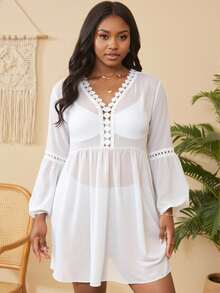 Slaydiva Summer Beach Plus Size Women's Lace Patchwork Flare Sleeve Cover Up Dress - White - View 1