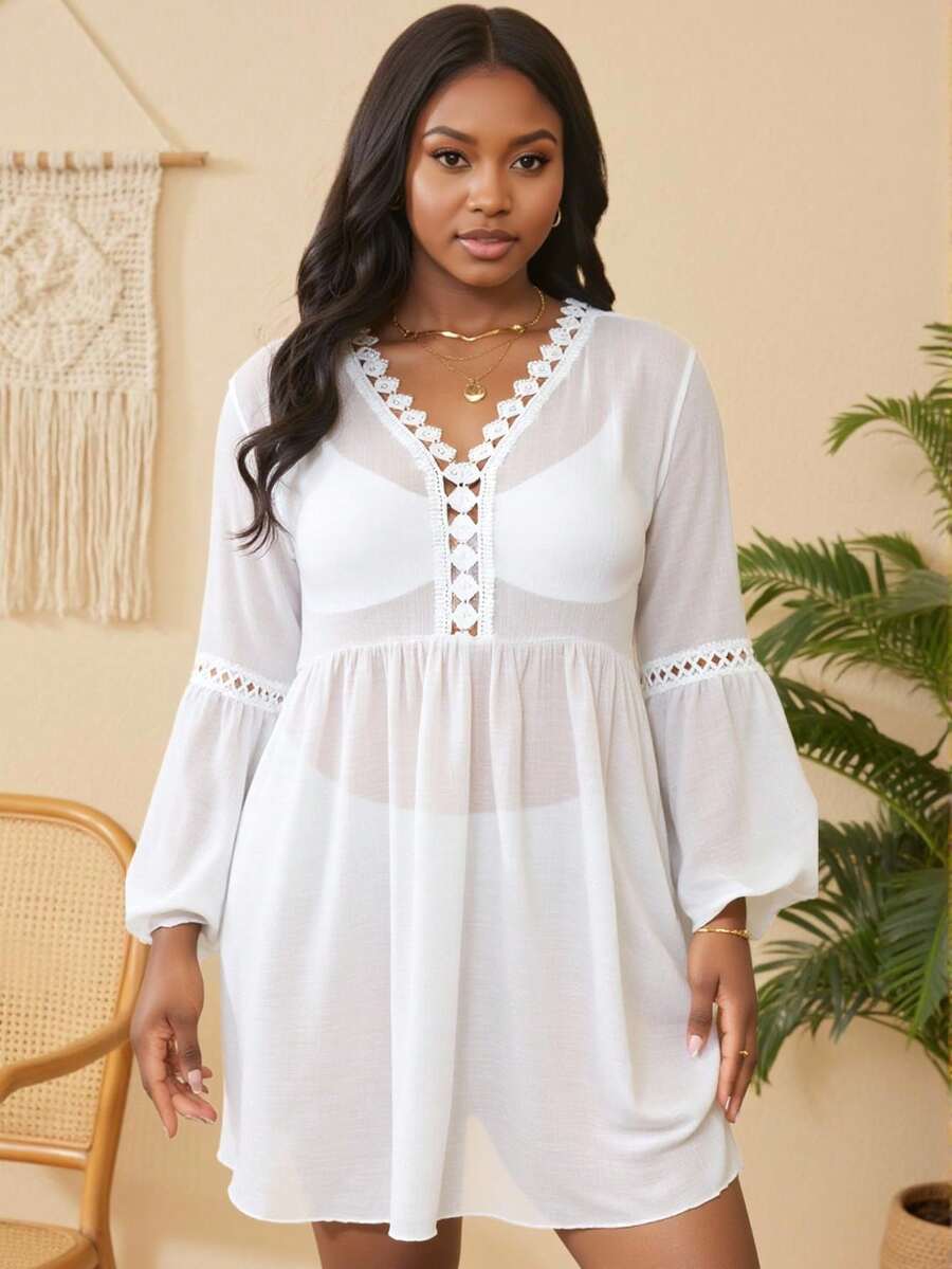 Slaydiva Summer Beach Plus Size Women's Lace Patchwork Flare Sleeve Cover Up Dress - White - View 1