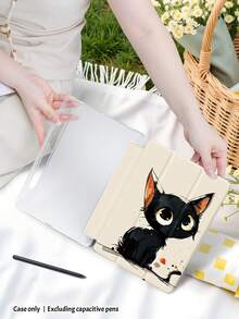 A Cute And Minimalist Clear Drop Back Case With Pen Slots, A Tri-Fold Stand Case With A Black Cat Pattern With Big Eyes, Support For Sleep-Wake Function, Compatible With IPad And Galaxy Tab