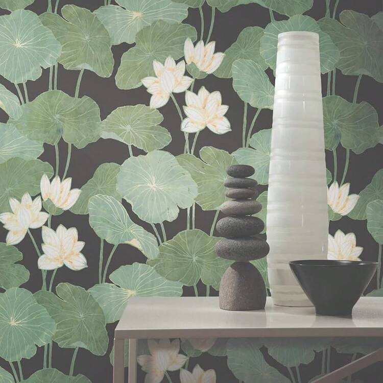 Papel pintado de lirio beige y verde, rollo - NEGRO/VERDE - Añade 7