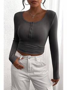 Women's 2025 Fall Long Sleeve Henley Shirts Button Ribbed Knit Casual Basic Tops Blouse - Màu xám đen - Xem 3