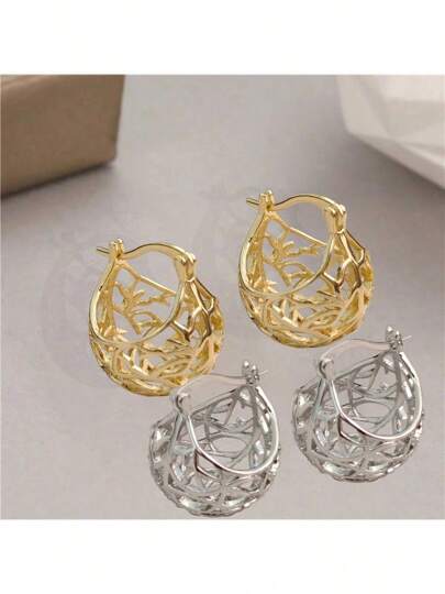 A Pair Of Delicate Hollow Basket Design Hoop Earrings Elegant Cute Style Jewelry Feminine Gift For Everyday Travel Party Party