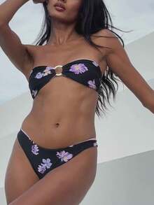 Women Floral Bandeau Bikini Set O Ring Strapless Tie Back Bikini Top High Cut Cheeky Thong Bathing Suit - 黑色 - 查看 2