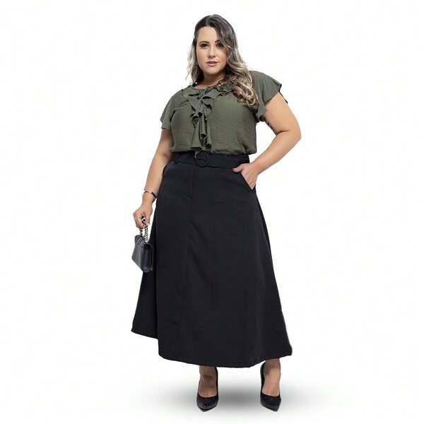 Saia Longa Alfaiataria Com Cinto Exclusivo e Zíper Lateral Plus size  elegante    Com cinto  Bolso