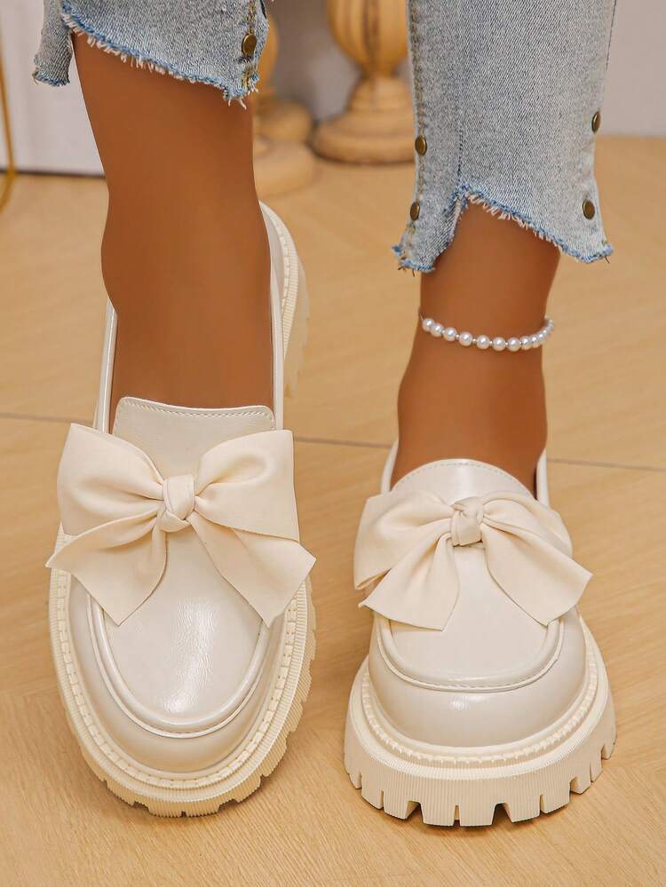 2025 New Round Toe Anti-Slip Thick Sole Mid-Heel Loafers, Bowknot Slip-On, British Style Casual Shoes, Comfort Flats For Women, Students - Beige - View 5