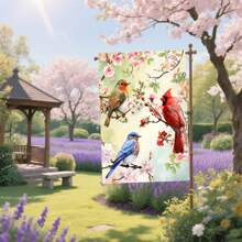 1 Gartenflagge 2D Banner Polyester Willkommen Frühling/Sommer Kardinäle und Vögel Gartenflagge, 30 * 45cm/70 * 100cm, Polyesterfaser Gewebe, bunt bedrucktes Außenbanner, geeignet für Hof, Garten, Rasen, Heim-Dekoration, naturinspiriertes Design