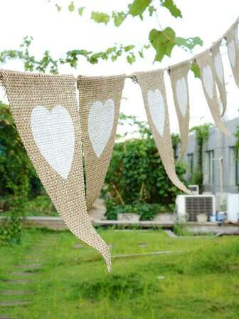 1Set Classic Linen & Jute Bunting Garland, Heart-Shaped & Triangle Flag Design, Rustic Fabric Banner For Wedding, Bridal Shower, Birthday & Special Occasions Decor
