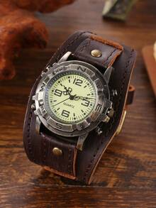 朋克复古PU皮手表，时尚嘻哈手链，绝佳礼物 - 棕色 - 查看 3