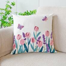 1 pièce Housse de coussin décorative avec motif floral et papillon, housse de coussin de style ferme brodée pour la décoration de la maison, le canapé, la chambre à coucher