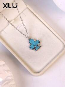 1pc Poker Card & Turquoise Enamel Pendant Necklace For Women, European & American Design