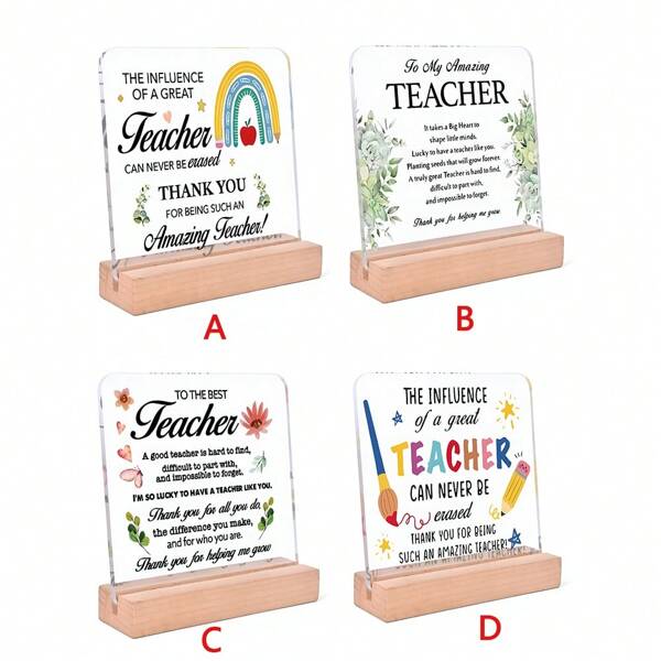 1/4 peças de presentes para professores para homens e mulheres, placa de acrílico quadrada engraçada com suporte de madeira, presentes de aniversário para professores, lembranças de professores para o retorno às aulas, presente para o Dia do Professor, presente de aposentadoria, melhor decoração de placa de mesa para professores