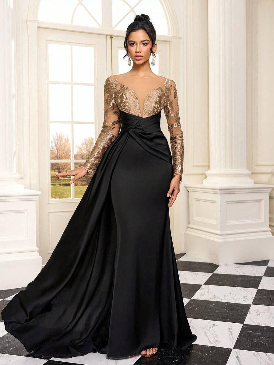 Luxury Elegant Evening Gown, Long Sleeve Satin Dress, High Quality ...