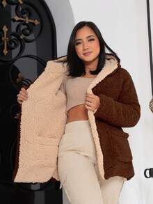 Double Teddy Coat Max Lined Blazer Hood Pockets With Internal Lining Women's Winter Overcoat - 咖啡棕 - 查看 4