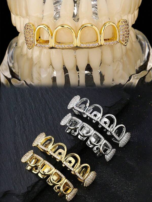 1 Set 6 Teeth Top & 6 Teeth Bottom Hollow Gold Micro-Inlaid Zirconia Stone Grillz, Suitable For Rappers And Costume Play, Premium Punk Women Tooth Grillz To Instantly Elevate Your Smile