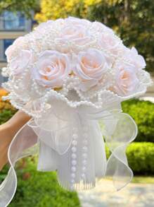 Perlen Rosen Strauß künstliche Blumen für Hochzeit Brautstrauß, einzigartige Ewigblumen Geschenke, Valentinstag, Muttertag, Erntedankfest, Geburtstag, Jahrestag