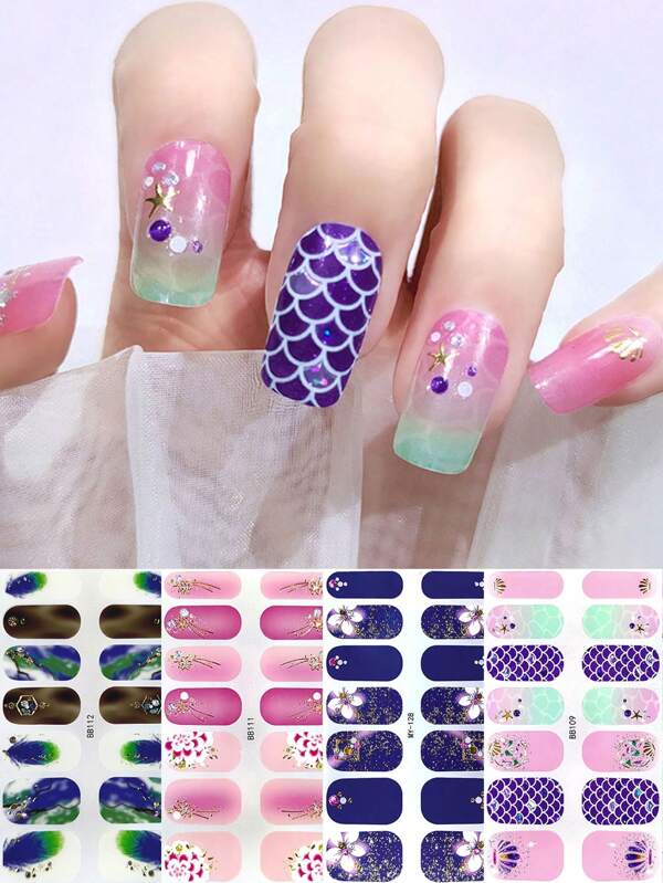 4 láminas de envoltura adhesiva para uñas con diseño de flor de sirena con degradado brillante, adhesivos de arte de uñas, tiras de esmalte de uñas