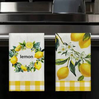 2 Pieces Lemon Patterned Kitchen Towel - A Soft, Absorbent, And Fast Drying Polyester Dishcloth Suitable For Cleaning, Drying, And Home Decoration. The Size Is 40x60 Cm, With A Bright Lemon Theme Paired With Green Leaves And White Flowers, And A Plaid Decorative Dish Towel | Polyester.