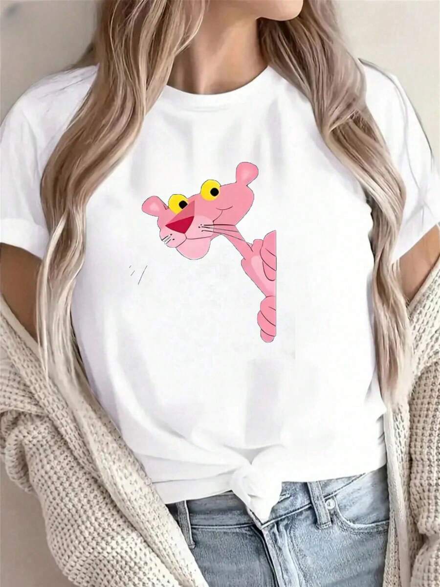 Happy Valentine'S Day Women's Buy Women's Pi Nk Panther Print Round Neck T-Shirt, Women's 220g Round Neck Casual Heavy Pure Cotton T-Shirt (1 PC) - 白色 - 查看 1
