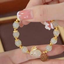 1Pc Year Of The Rabbit Lucky Charm Imitation Jade Rabbit Bracelet, Artificial Agate Glass Bracelet For Girls, Ideal For Gifts - 1 cái - Xem 5