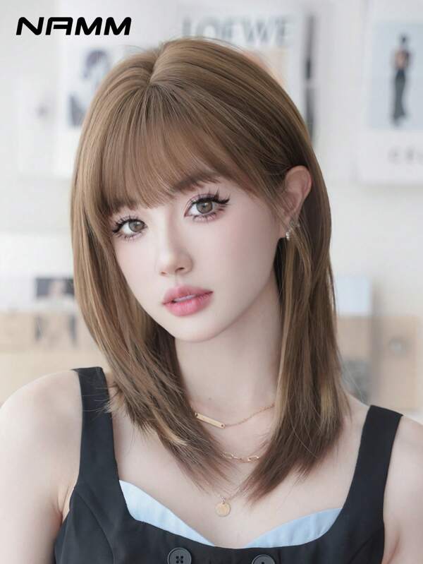NAMM 18 Inch Highlights Brown Wig With Bangs For Women Medium Straight Layered Wig Natural Looking Synthetic Heat Resistant Fiber Wig For Girl Daily Party Use