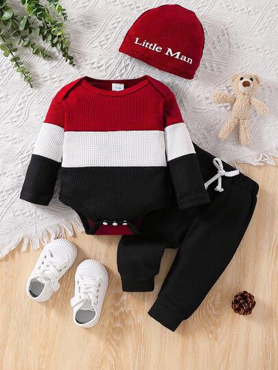 Bộ 3 món/Bộ đồ liền thân dài tay chắp vá màu tương phản cho bé trai, quần dài màu trơn và mũ in chữ