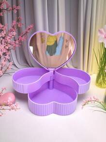 1pc Multi Functional Love Rotating Open Double Layer Mirror Makeup Box, DIY Heart Shaped Makeup Box, Jewelry Storage Box, Suitable For Desktop Makeup Care