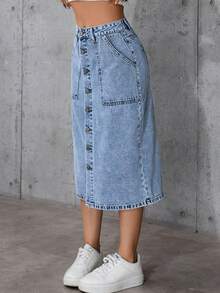 Falda midi elástica con botones delanteros de estilo elegante de moda para mujer - Lavado ligero - Ver 5