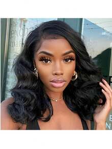 混合假发 - 混合真人发和合成发 13x4 短鲍勃波浪 13x4 短鲍勃真人发混合 13x4 女士蕾丝前假发 预拔自然发际线真人发混合自然色真人发混合 180% 密度混合发（鲍勃 8-16 英寸） - 自然色&黑色系 - 查看 8